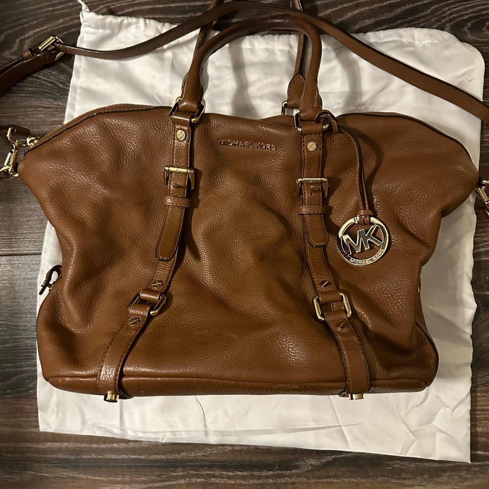 Michael Kors Bedford Cognac Pebbled Leather Satchel Bag with dust cover.